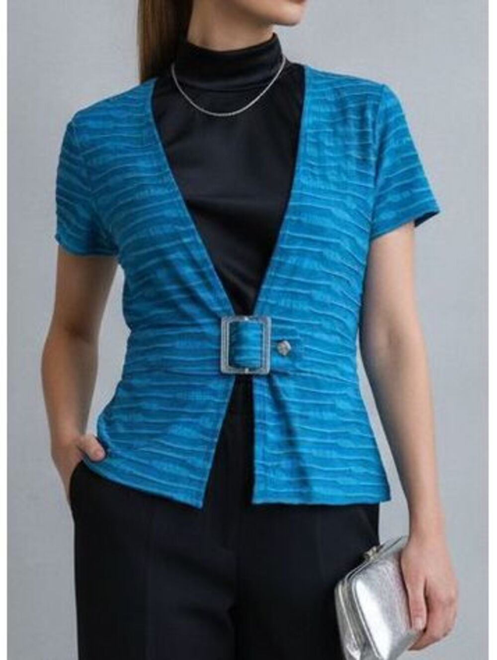 Frank Lyman Design Turquoise Blue Textured Short Sleeve Top w/ Silver Buckle S 8